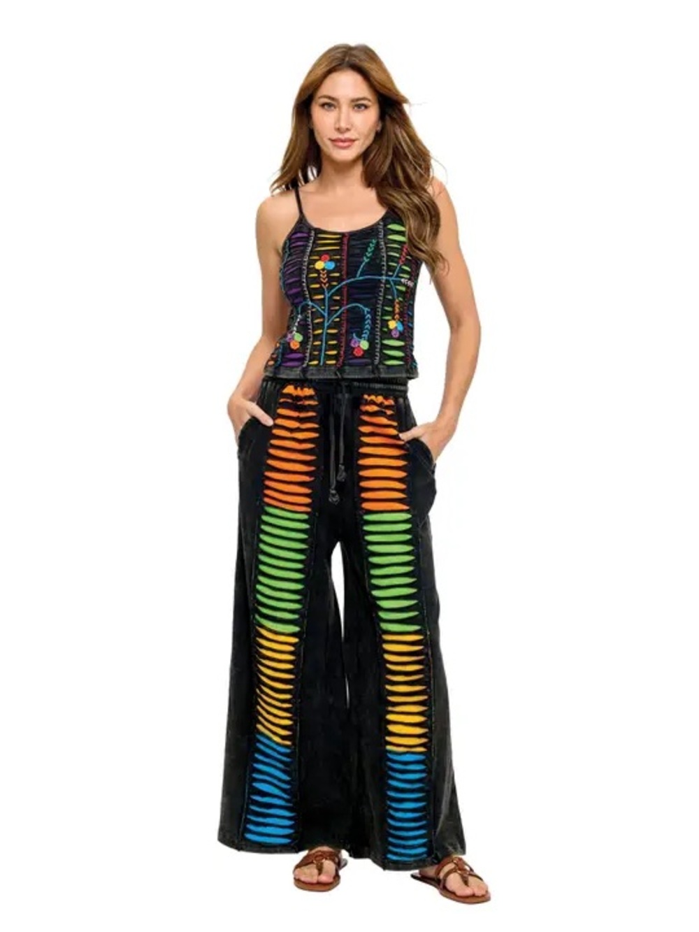 Yak & Yeti 100% COTTON neon cami top and wide leg pants set NWT size M